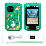 Coque de smartphone jouet en silicone verte à thème dinosaure avec dessin dino cartoon tenant un parapluie et palmiers, accents jaunes sur découpe appareil photo et empreintes de pattes visible au dos