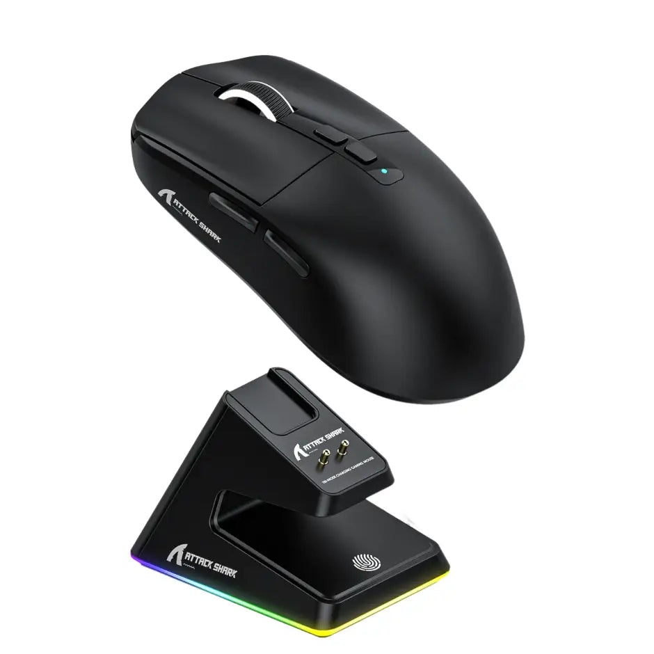 Souris gamer sans fil noire attack shark avec pixart paw3395 anneau lumineux rgb et station de recharge ergonomique