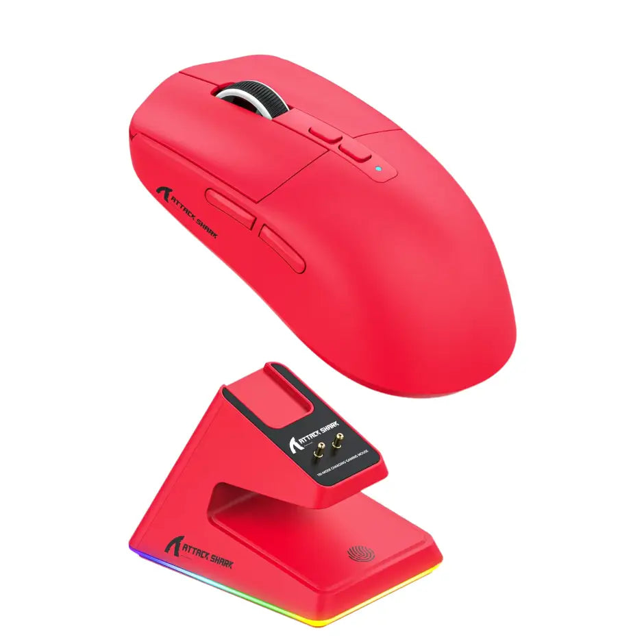 Souris gamer sans fil rouge avec pixart paw3395 et anneau lumineux rgb sur station de recharge assortie