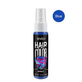 Spray coloration temporaire cheveux bleu enjouet en bouteille noire élégante avec embout blanc pour usage facile