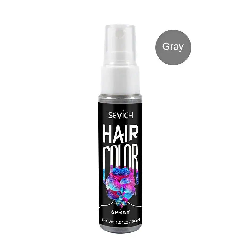 Spray coloration temporaire cheveux cheveux enjouet en spray gris dans un flacon noir avec motif floral violet et bleu