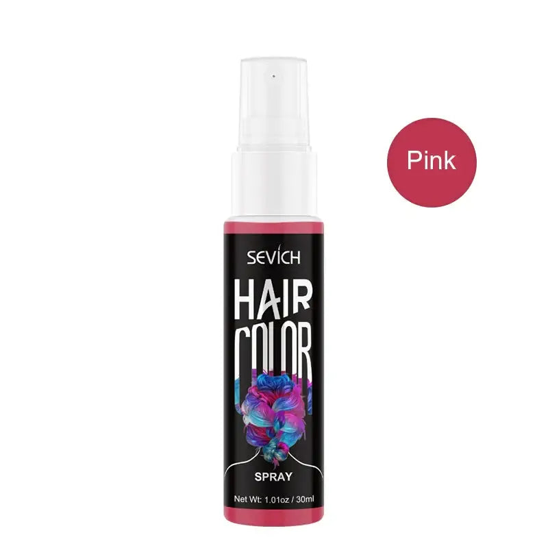 Spray coloration temporaire cheveux enjouet pink sevich en bouteille noire et blanche avec accents roses vifs