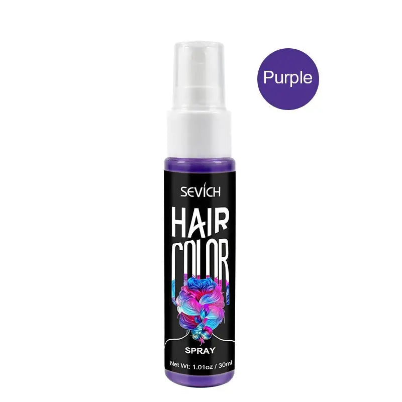 Spray coloration temporaire cheveux en violet dans un flacon noir élégant avec un embout blanc pour cheveux enjouet