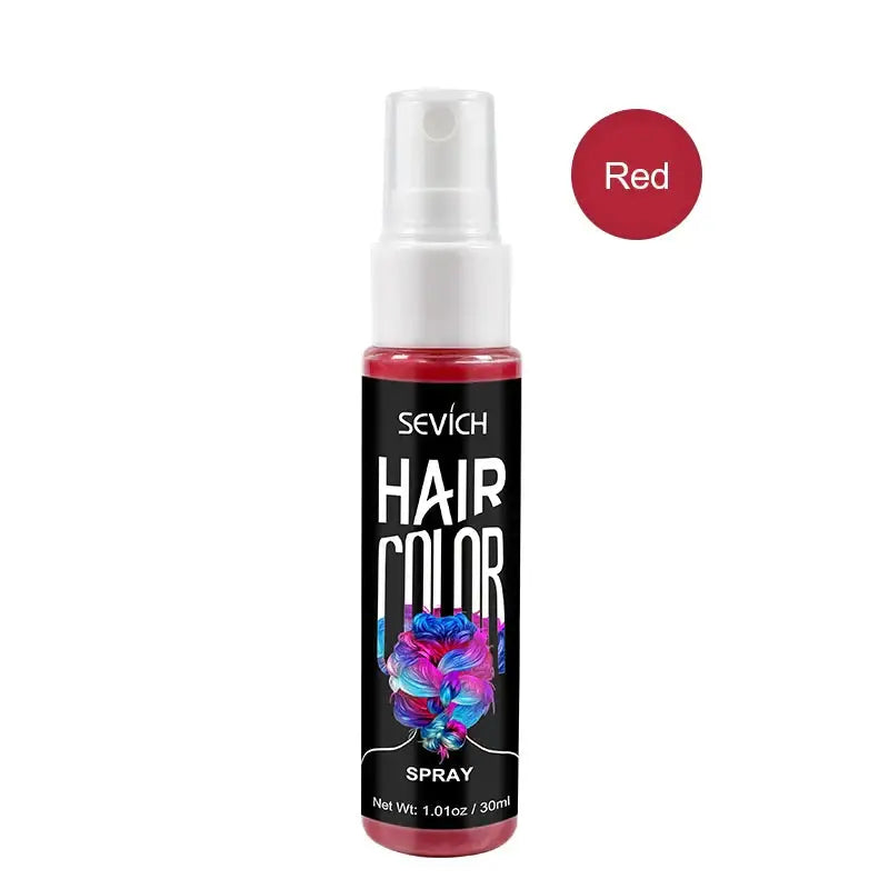 Spray coloration temporaire cheveux rouge en bouteille noire avec nozzle blanc et design bleu violet cheveux enjouet