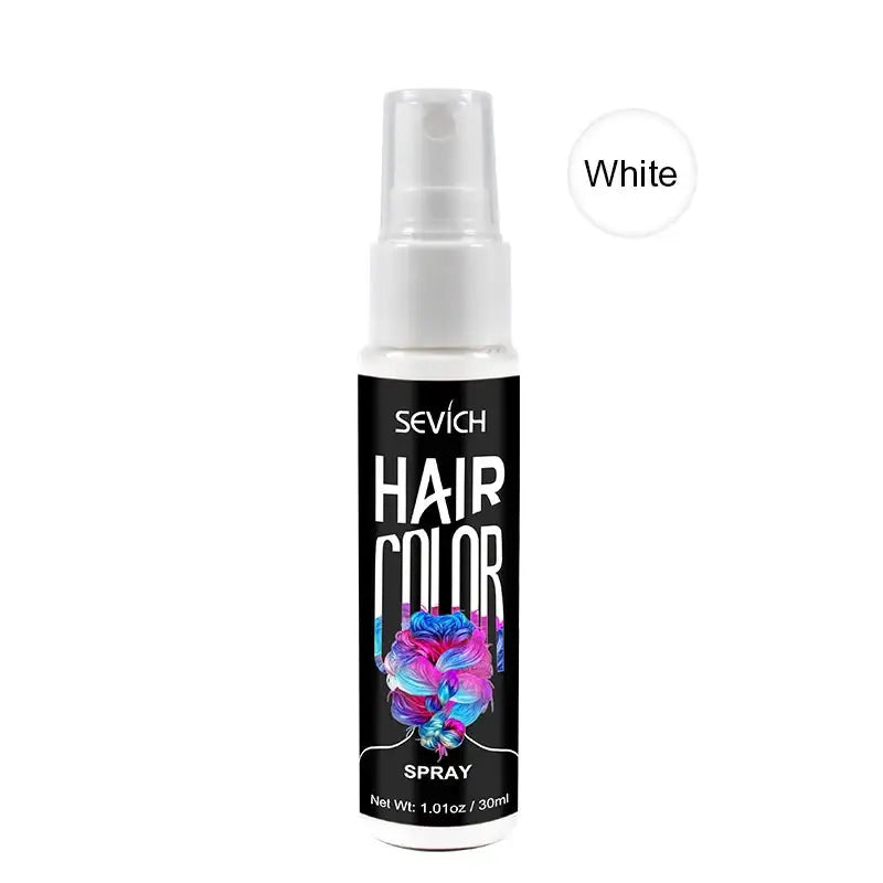 Bouteille spray en plastique blanc avec label noir sevich hair color spray et design floral coloré pour coloration temporaire cheveux