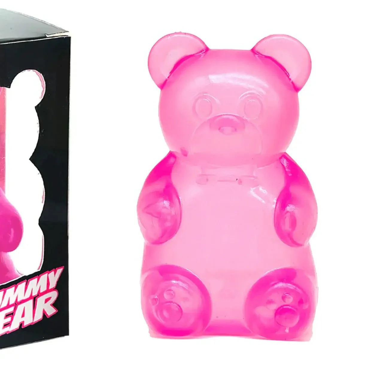 Une figurine squishy bonbon ourson translucide rose en forme dourson moelleux avec finition brillante anti-stress