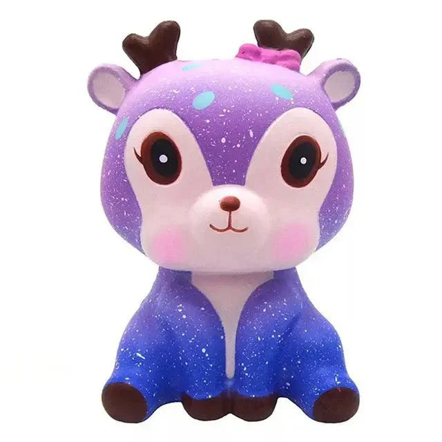 Squishy cerf couleur anti-stress en violet et bleu pailleté avec joues roses, bois marron et nœud décoratif