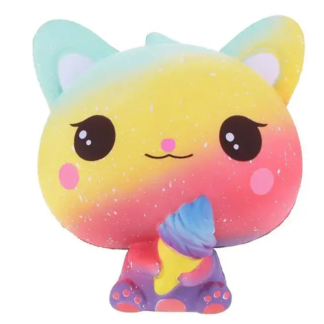 Squishy chat arc-en-ciel pastel avec texture moelleuse pailletée tenant un cornet de glace coloré chat arc-en-ciel anti-stress