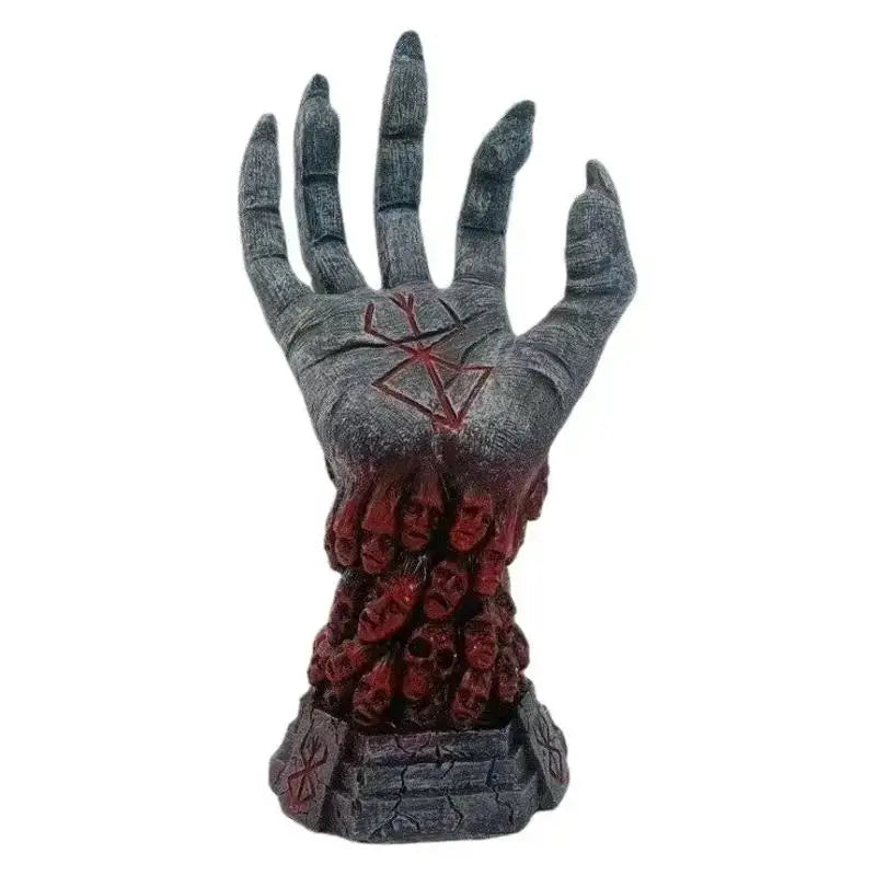 Statue résine berserk main gris foncé texturée avec sigil rouge et crânes rouges inspirée de kentaro miura dark fantasy