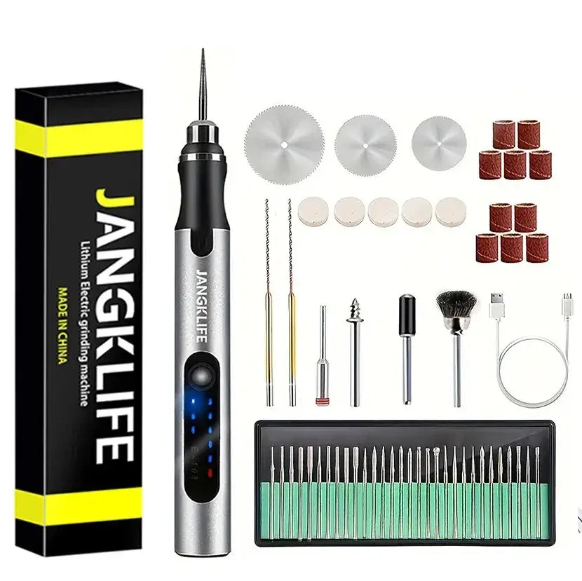 Stylo de gravure sur bois mini perceuse électrique gris et noir avec batterie lithium rechargeable et accessoires variés