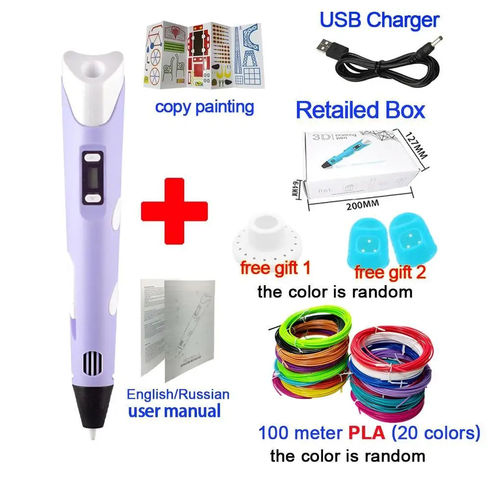 Stylo d’impression 3d pour enfants violet avec top blanc et pointe noire contrôle à double vitesse et extrusion thermofusible caractéristiques