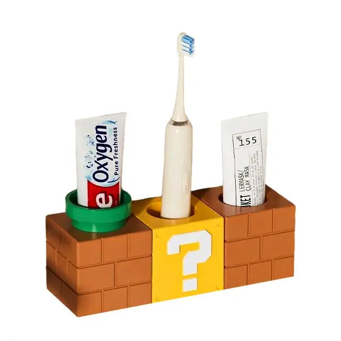 Support à brosse super mario en brique marron et jaune avec base verte pour dentifrice en forme de point d interrogation