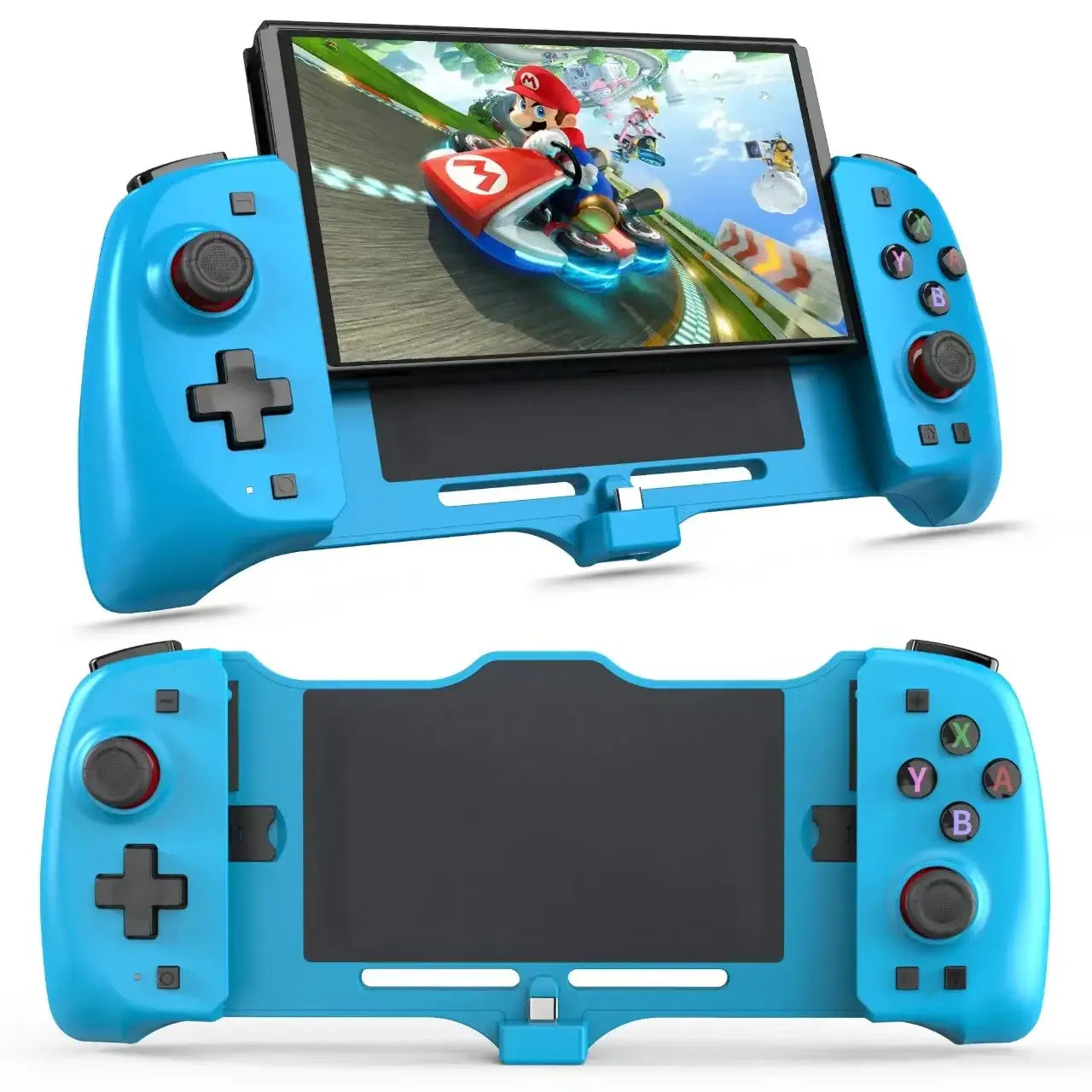 Support manette de jeu Nintendo Switch bleu avec écran intégré affichant mario kart, accessoire essentiel et caractéristiques innovantes