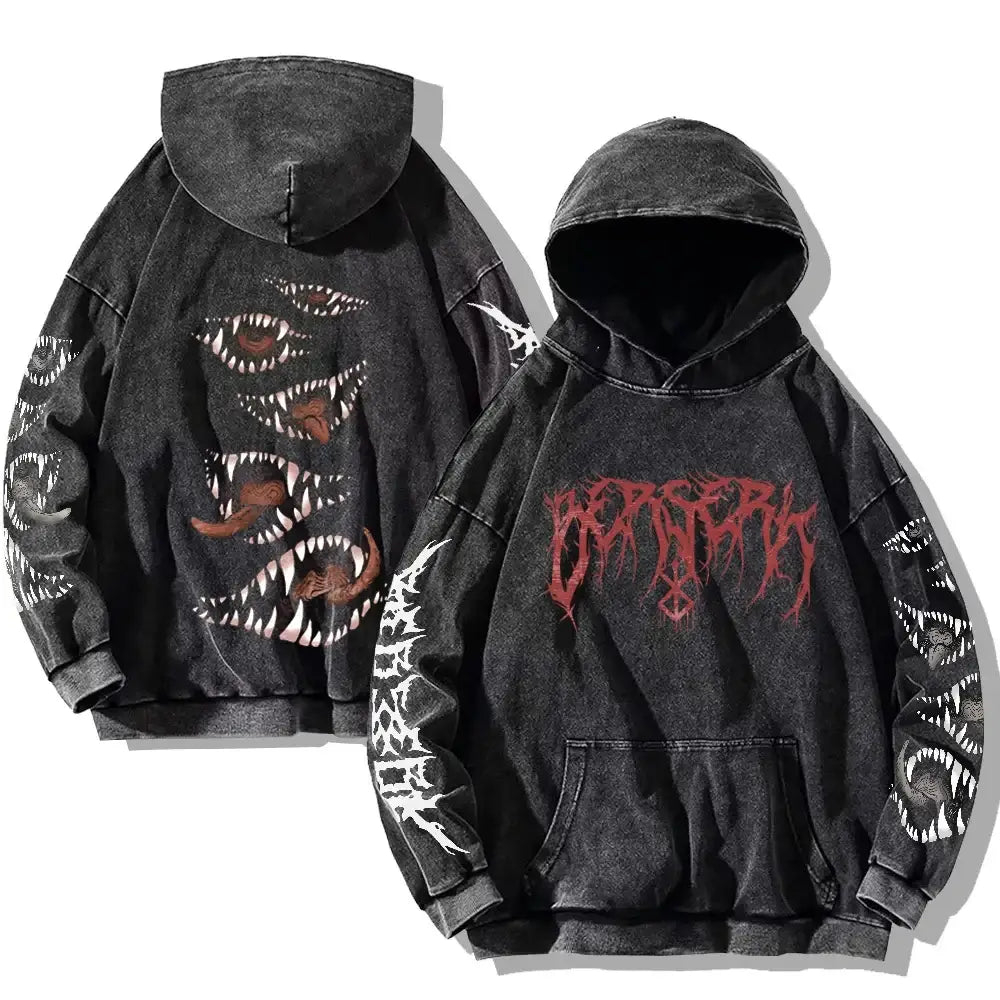 Sweat capuche anime bersek gothique noir avec visage monstrueux et lettrage rouge gothique sur la poitrine