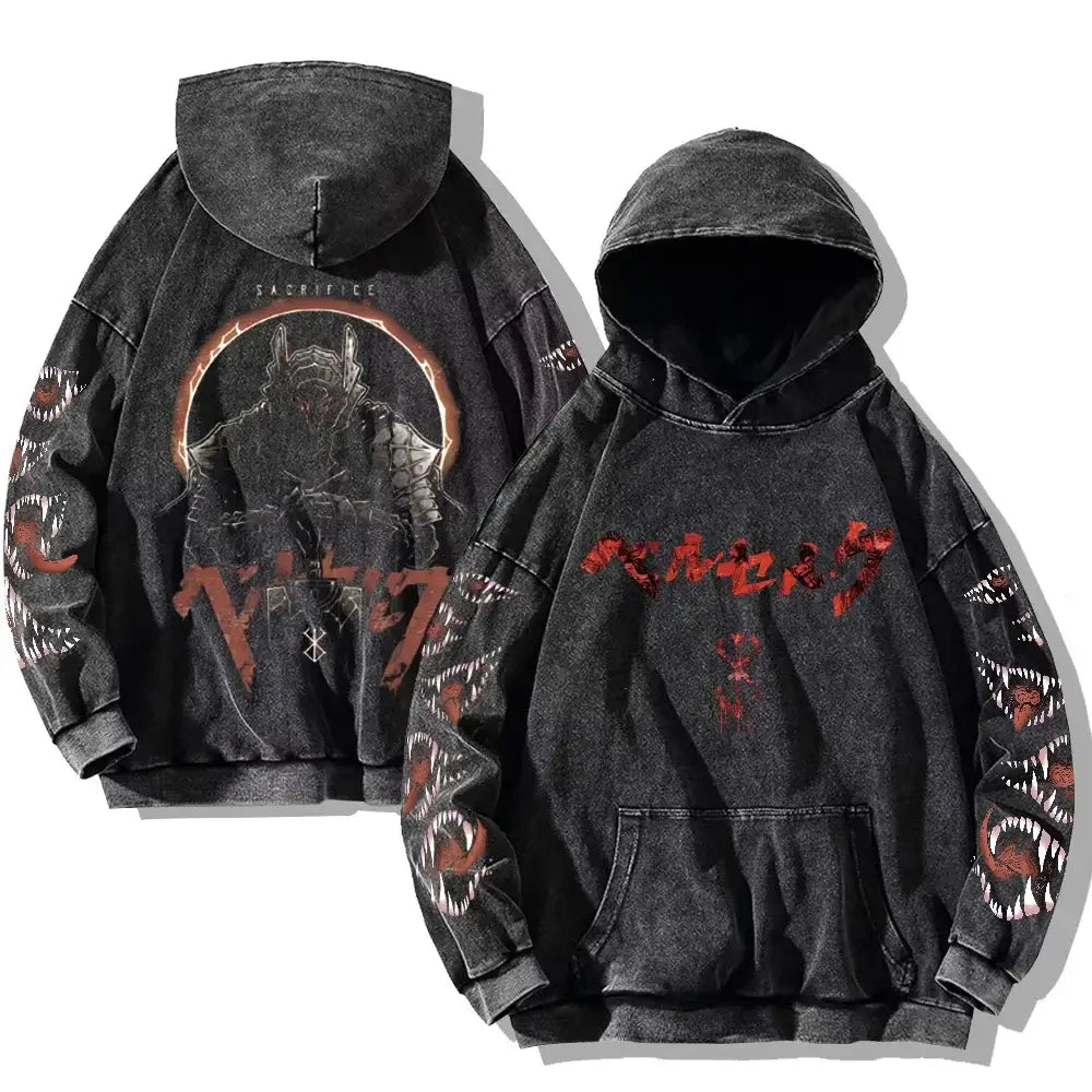 Sweat capuche anime noir avec imprimés guerrier et texte rouge, design gothique capuche anime berserk avec poche devant