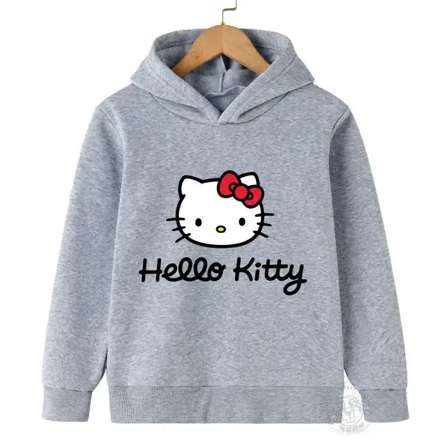 Sweat capuche hello kitty enfant gris avec nœud rouge et texte cursif noir sur le devant