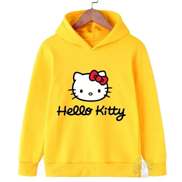Sweat capuche hello kitty enfant jaune vif avec visage de chat blanc et noeud rouge imprimé à lavant
