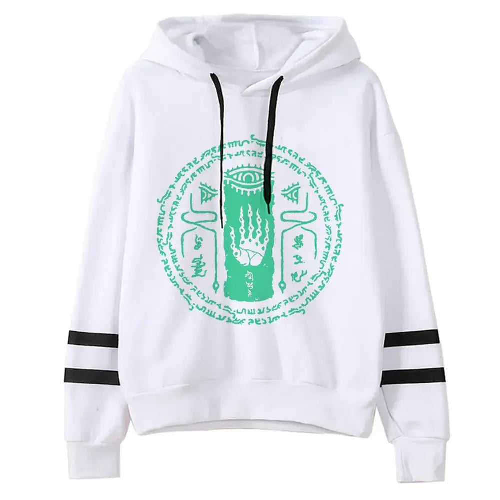 Sweat zelda tears blanc à capuche avec cordons noirs et motif vert circulaire œil main et script pour femmes