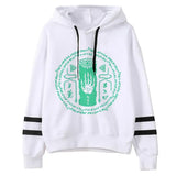 Sweat zelda tears blanc à capuche avec cordons noirs et motif vert circulaire œil main et script pour femmes