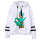 Sweat à capuche zelda featuring a white base with vibrant teal and gold armored hand graphic and black stripes