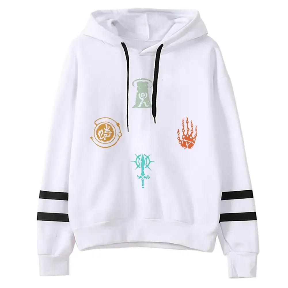 Sweat zelda tears femmes blanc à capuche avec cordons noirs et patchs brodés colorés sur le devant