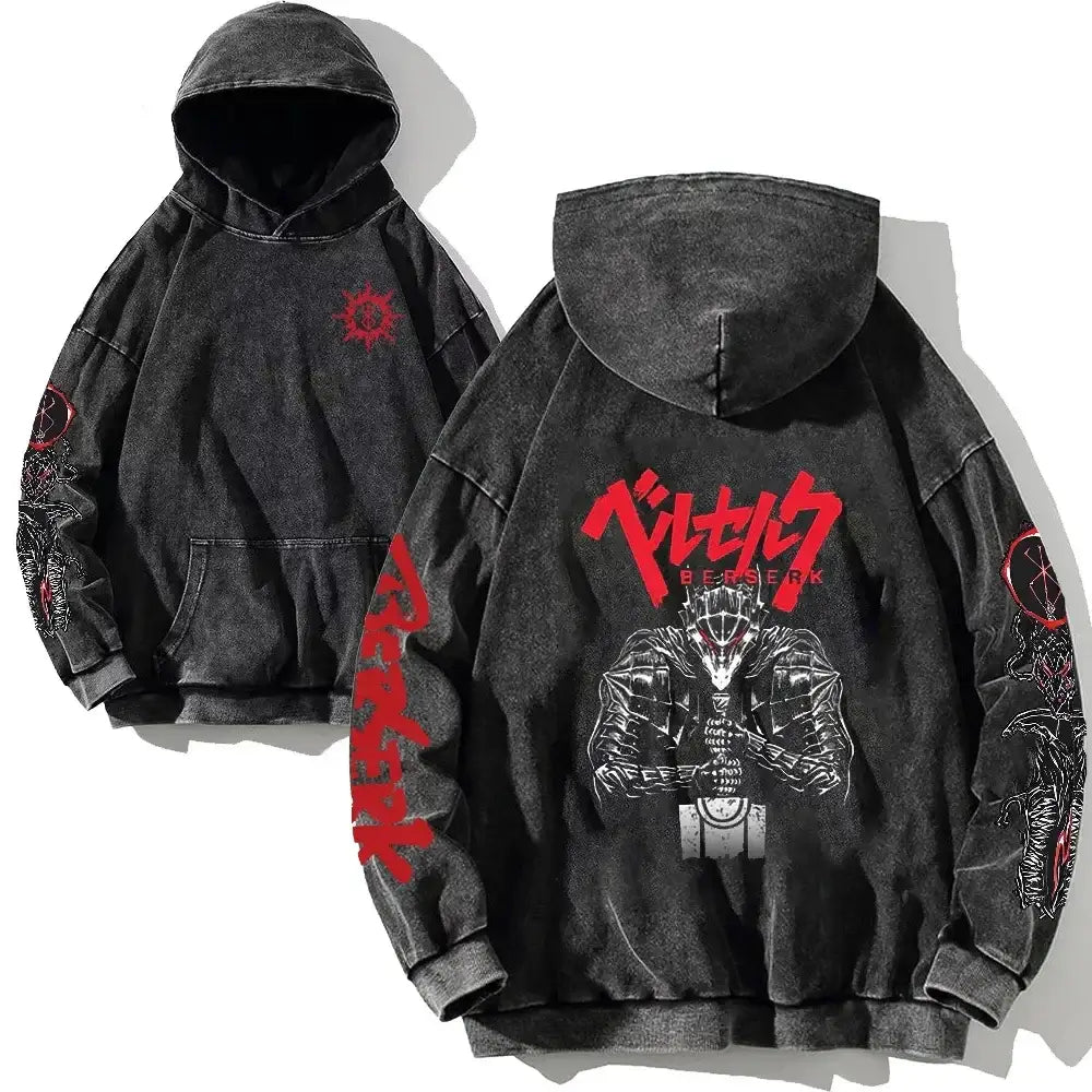 Sweatshirt à capuche homme femme noir avec graphisme berserk rouge et blanc griffith au dos et texte rouge sur les manches