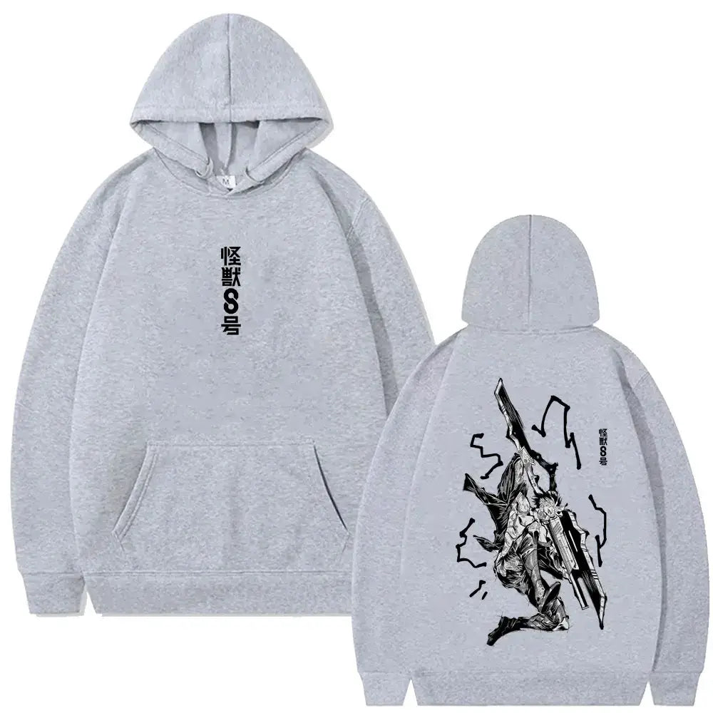 Sweatshirt à capuche homme femme anime kaiju gris avec design percutant et texte japonais couleurs tendance