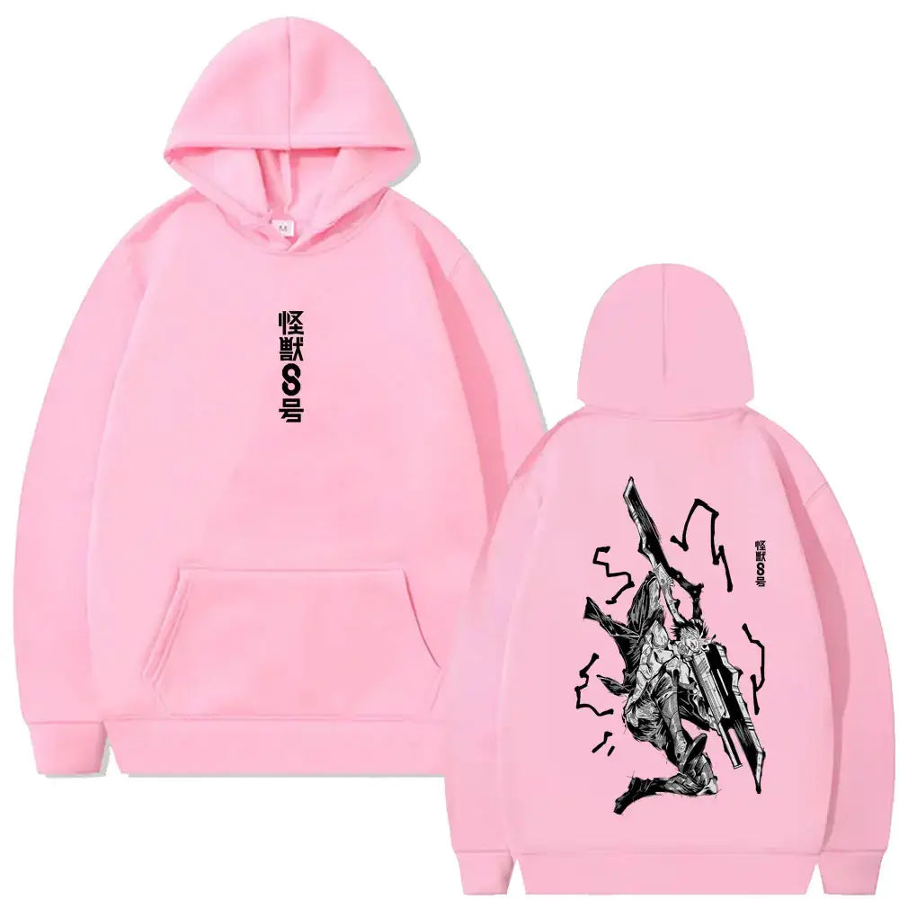 Sweatshirt à capuche homme femme anime kaiju rose avec design percutant noir et texte japonais à lavant et à larrière