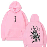 Sweatshirt à capuche homme femme anime kaiju rose avec design percutant noir et texte japonais à lavant et à larrière