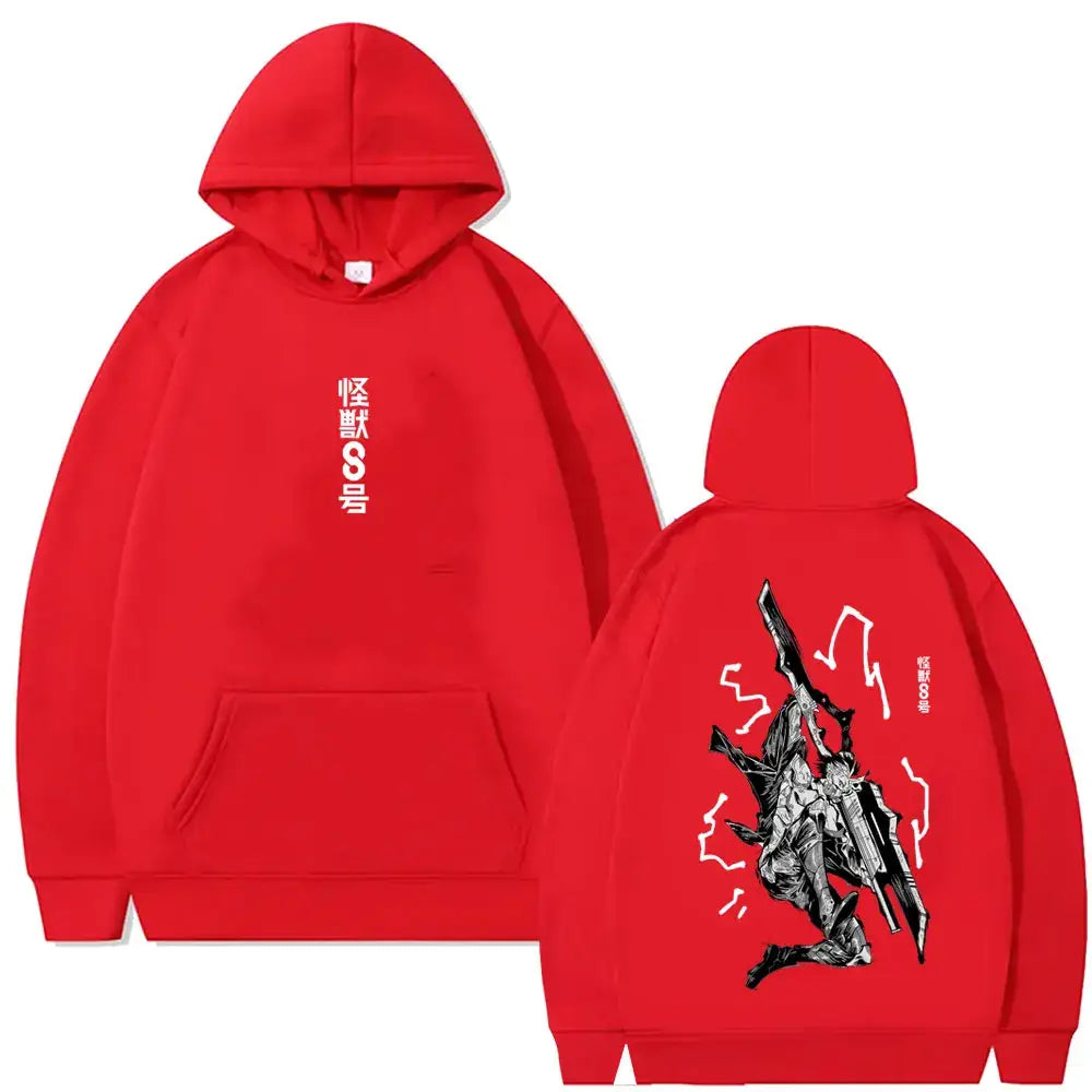 Sweatshirt à capuche rouge homme femme avec design percutant anime kaiju couleurs tendance vue dos
