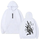 Sweatshirt à capuche homme femme blanc avec design percutant de personnage anime kaiju et texte japonais vertical noir en couleurs tendance