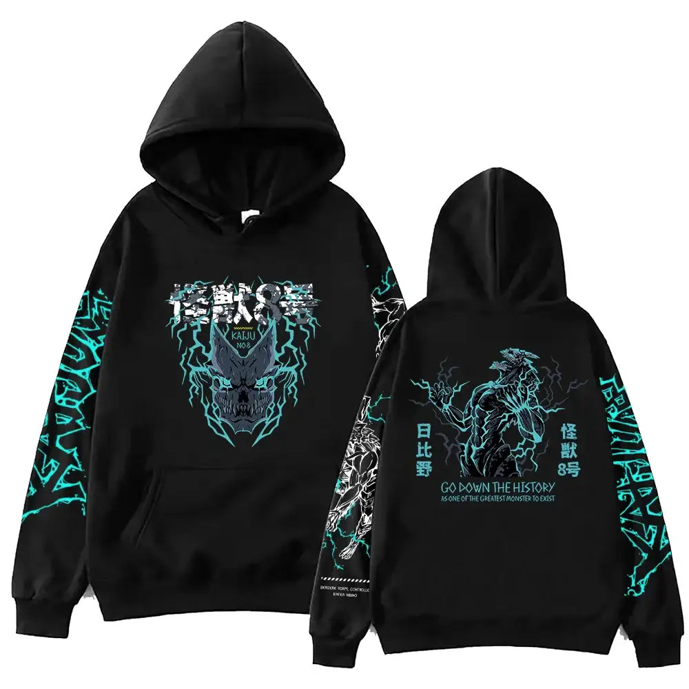 Sweatshirt à capuche homme femme noir avec capuche go down et design lumineux de monstre et texte japonais au dos