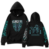 Sweatshirt à capuche homme femme noir avec capuche go down et design lumineux de monstre et texte japonais au dos