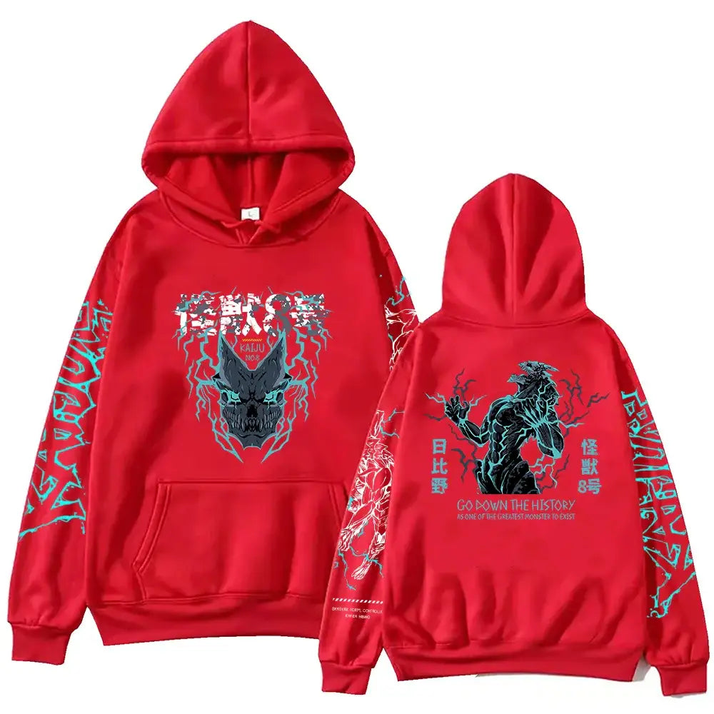Sweatshirt à capuche homme femme go down rouge avec graphique kaiju 8 noir et bleu teal et motifs éclair sur les manches