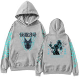 Sweatshirt à capuche homme femme go down gris avec graphique bleu canard et noir kaiju 8 et effets de foudre avant et arrière