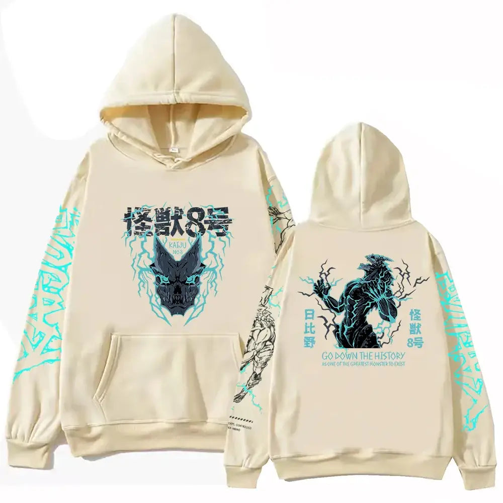 Sweatshirt à capuche homme femme go down crème avec graphique kamui noir et teal et motifs graffiti teal sur les manches