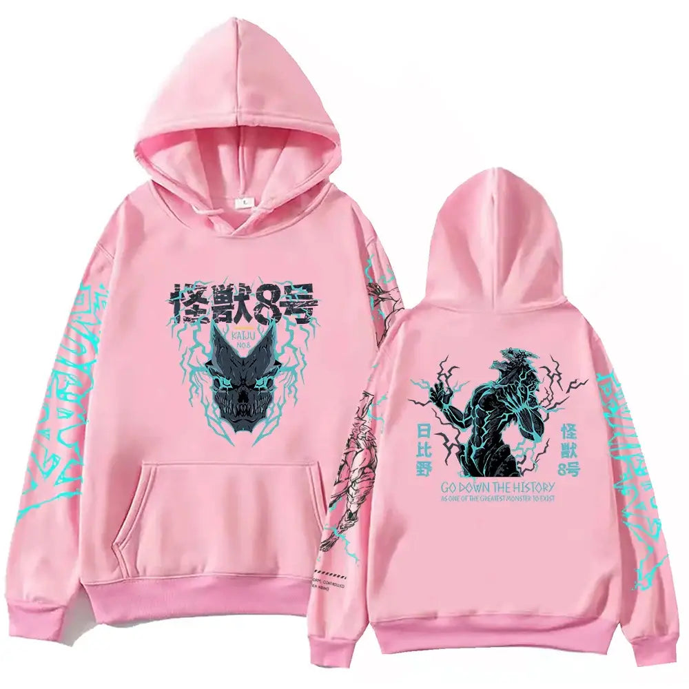 Sweatshirt à capuche homme femme go down rose avec graphique kaiju 8 noir et teal et effets éclairs devant et dos