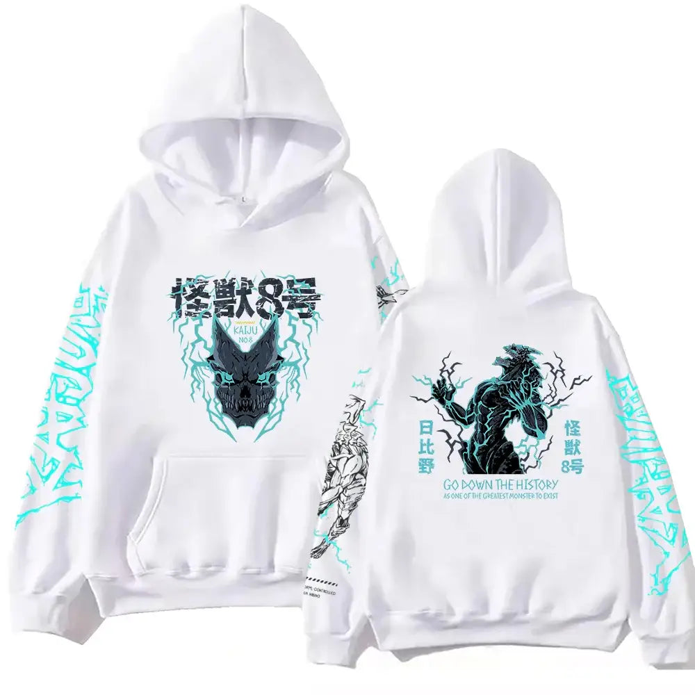Sweatshirt à capuche homme femme blanc avec graphique noir et teal du monstre kaiju no capuche go down style hoodie anime