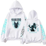 Sweatshirt à capuche homme femme blanc avec graphique noir et teal du monstre kaiju no capuche go down style hoodie anime