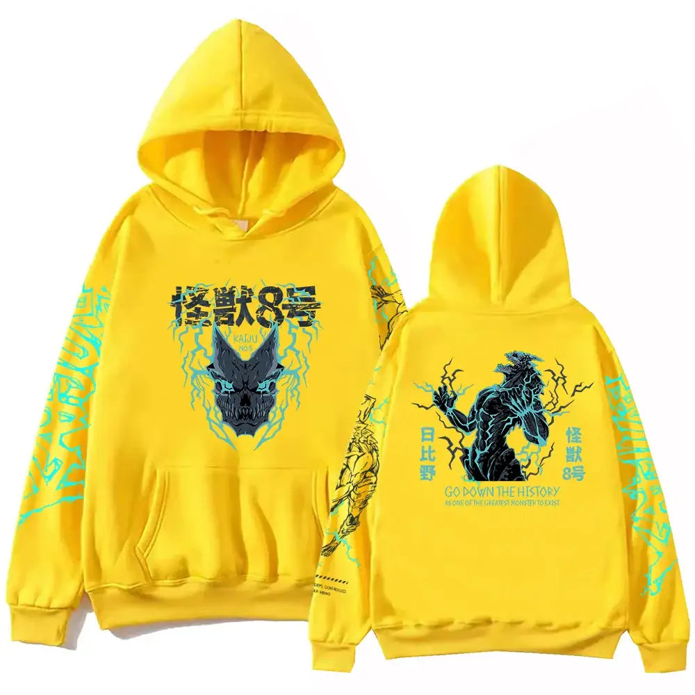 Sweatshirt à capuche homme femme go down jaune avec graphique kaiju 8 électrique bleu style hoodie anime streetwear