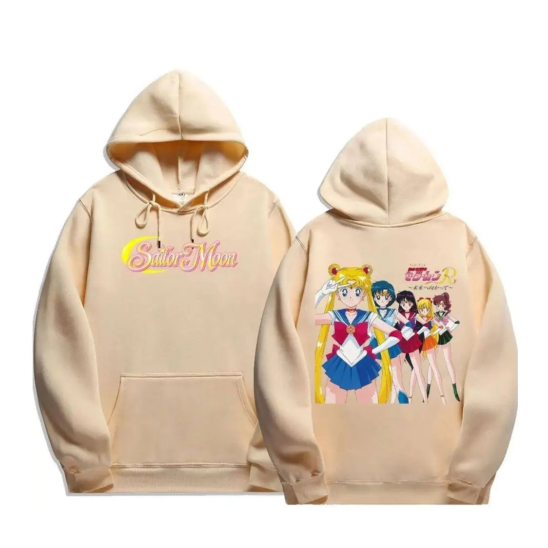 Sweatshirt à capuche crème femme sailor moon avec logo devant et personnages sailor moon au dos, idéal pour fans d’anime