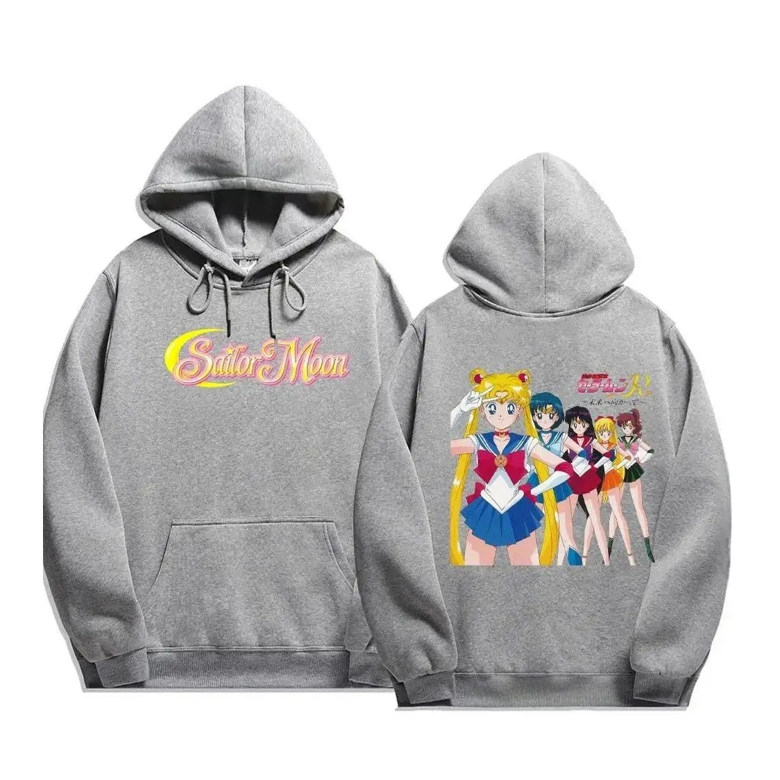 Sweatshirt à capuche gris femme sailor moon avec logo jaune et rose sur le devant et les cinq scouts au dos pour fans d’anime