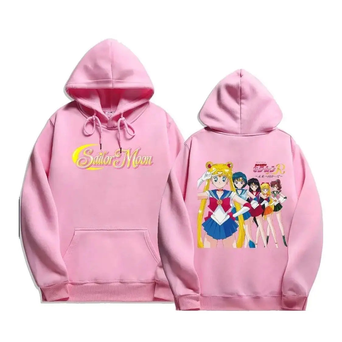 Sweatshirt à capuche femme sailor moon en coton rose avec lettrage doré à lavant et illustration des cinq soldates sailor au dos