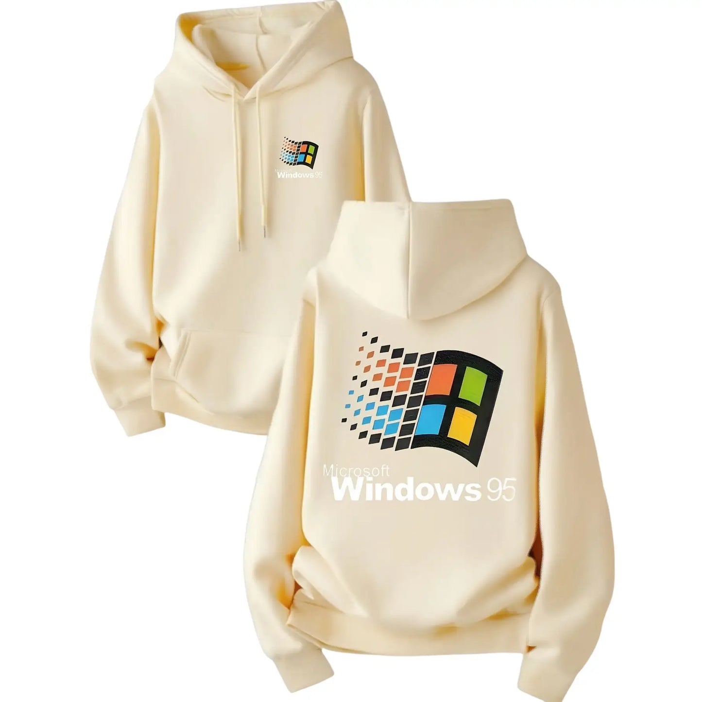 Sweatshirt capuche homme cream avec grand logo microsoft windows 95 au dos et petit logo style urbain capuche homme windows