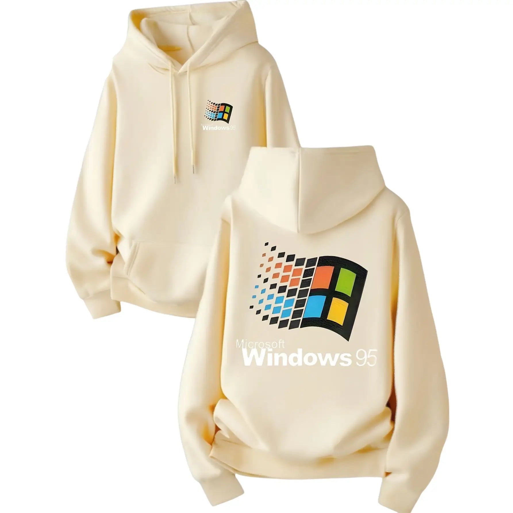 Sweatshirt capuche homme cream avec grand logo microsoft windows 95 au dos et petit logo style urbain capuche homme windows