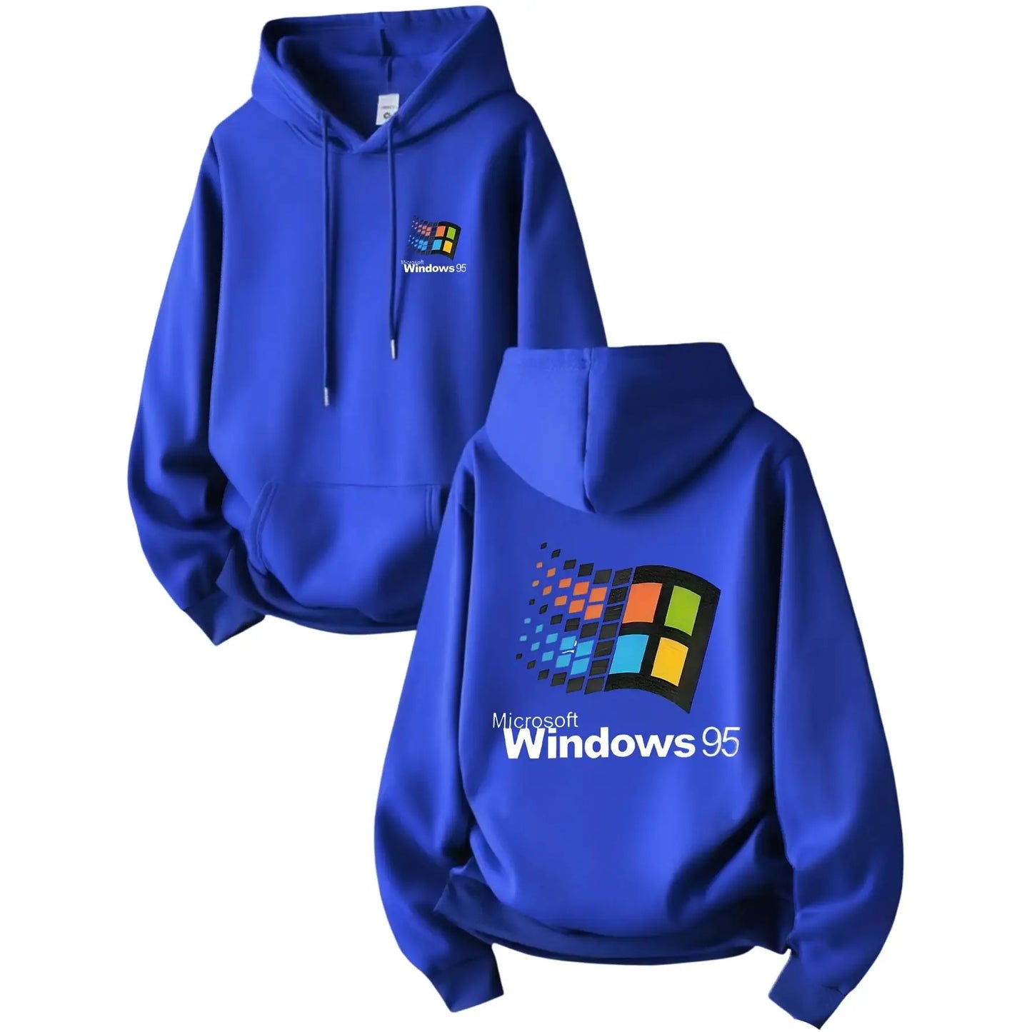 Sweatshirt capuche homme windows 95 royal blue avec logo coloré sur la poitrine et le dos style urbain