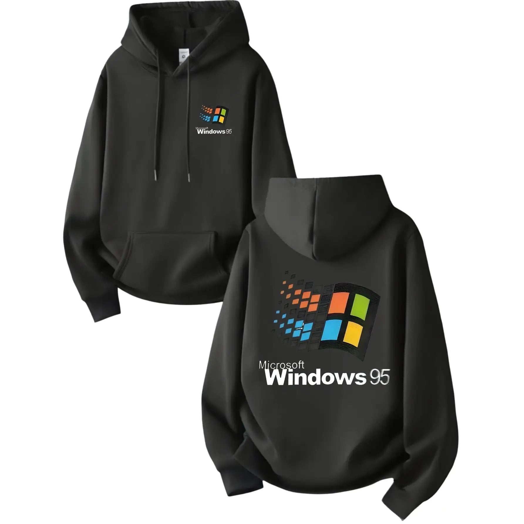 Sweatshirt capuche homme noir windows 95 avec logo coloré quatre fenêtres style urbain capuche homme windows