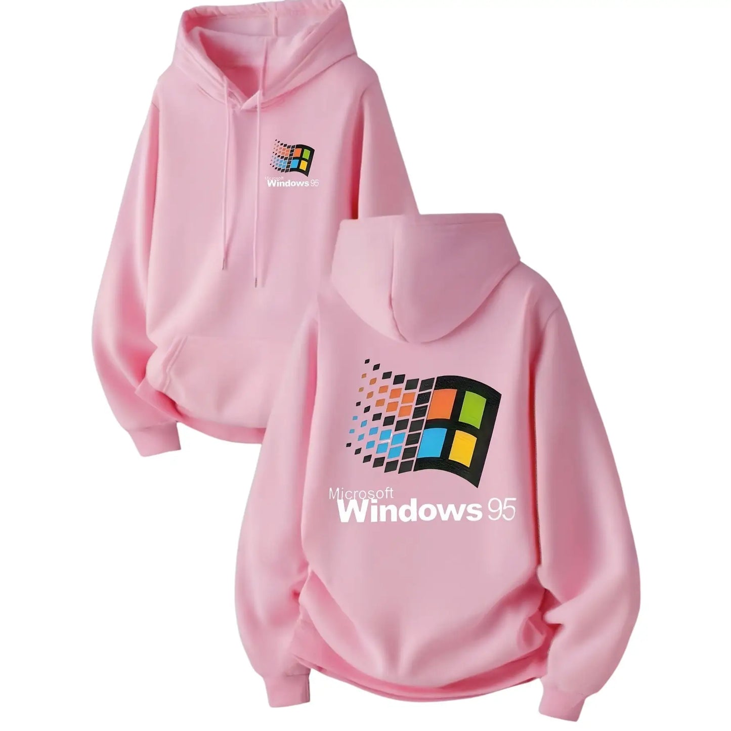 Sweatshirt capuche homme windows 95 rose avec logo pixelisé coloré au dos et sur la poitrine style urbain
