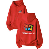 Sweatshirt capuche homme rouge style urbain avec grand logo microsoft windows 95 au dos et petit logo au chest gauche