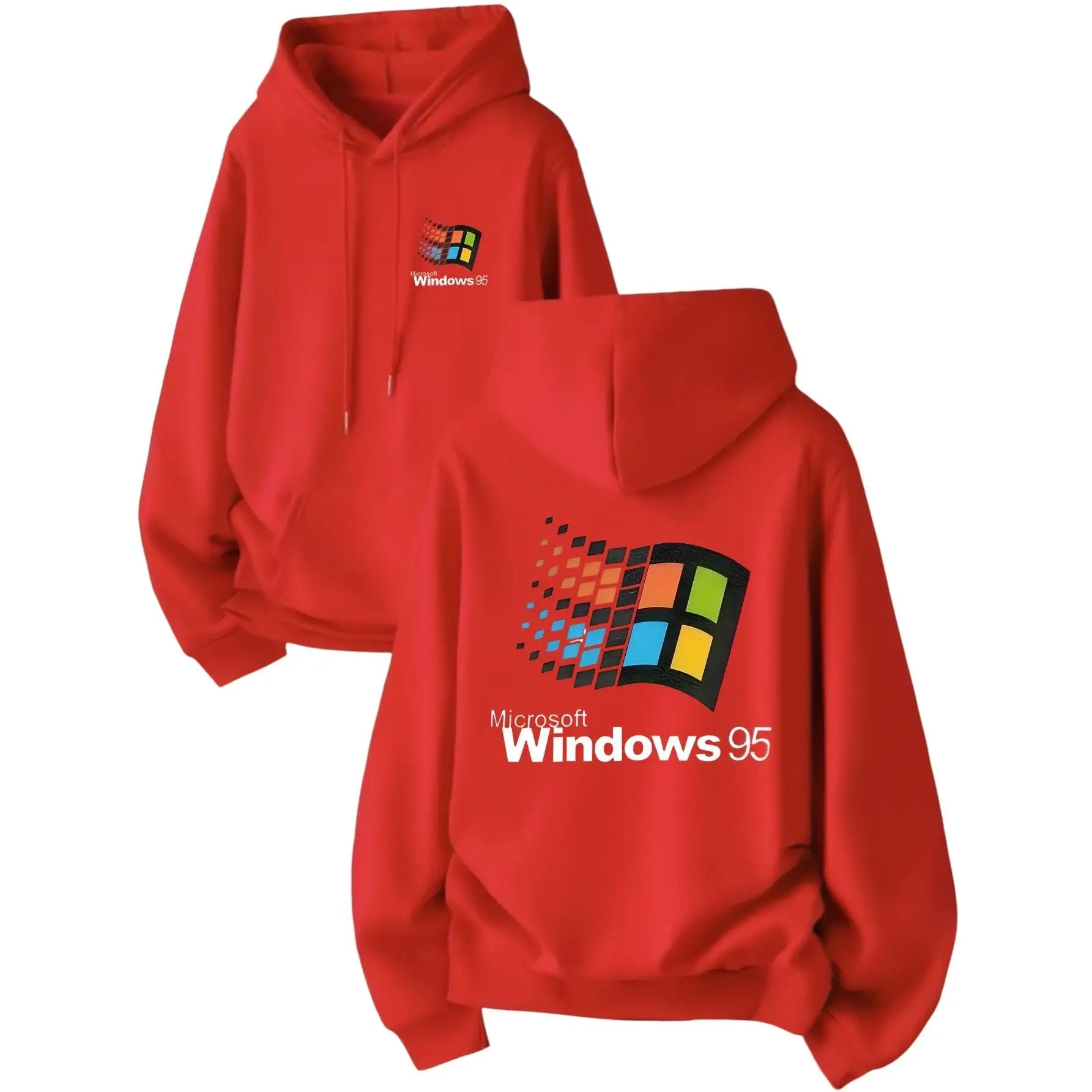 Sweatshirt capuche homme rouge style urbain avec grand logo microsoft windows 95 au dos et petit logo au chest gauche